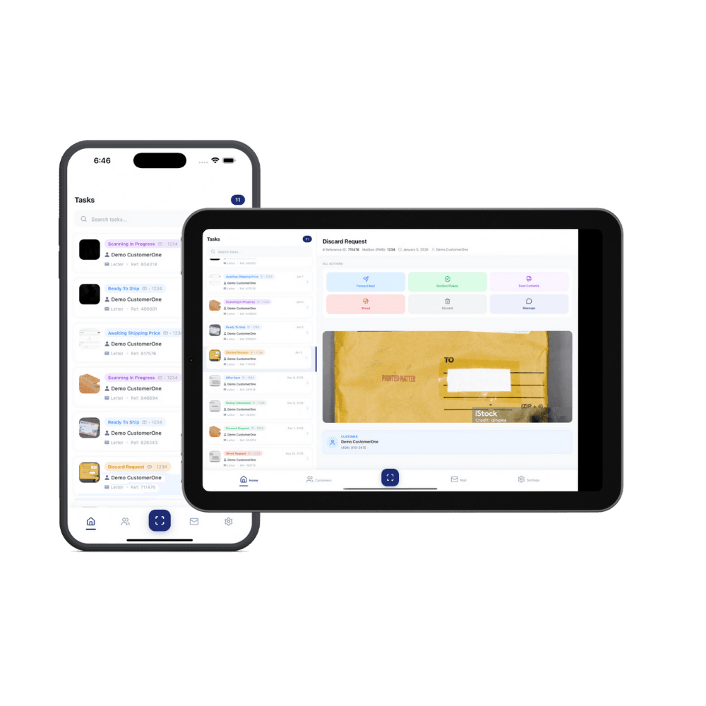 Innbocks mobile app on two phones showing a customer's mail inbox with envelope scans and action buttons for scan, forward, and pickup